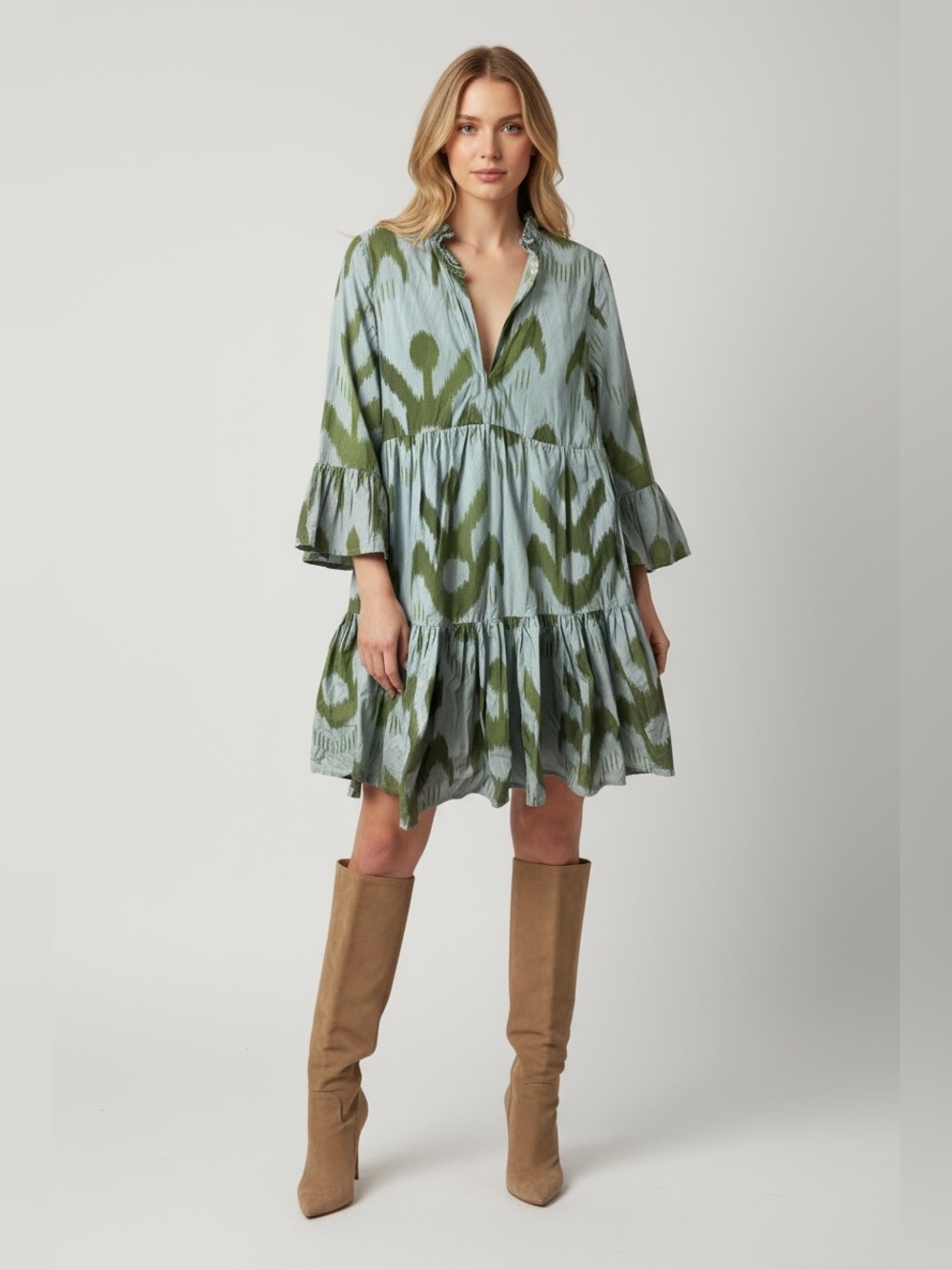 Oliphant Sage and Olive Tiered V-Neck Mini Dress size S
